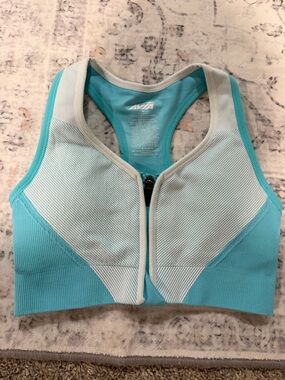 Avia Front-Zip Racerback Sports Bra - Aqua and White